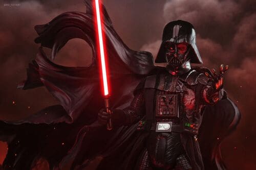 figura coleccionable Darth Vader con un sable de luz rojo brillante y armadura con daño de batalla