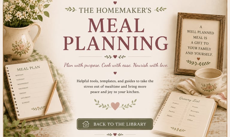 Vintage aesthetic homemaker's meal planning guide with grocery list, notebook, and kitchen decor.