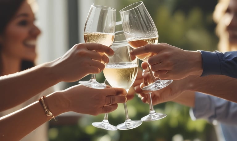 Several wine glasses are filled with a pinkish rosé wine, with reflections and refractions of light creating a shimmering effect. The glasses appear stacked or clustered together, showcasing an elegant arrangement with visible branding on the glass.