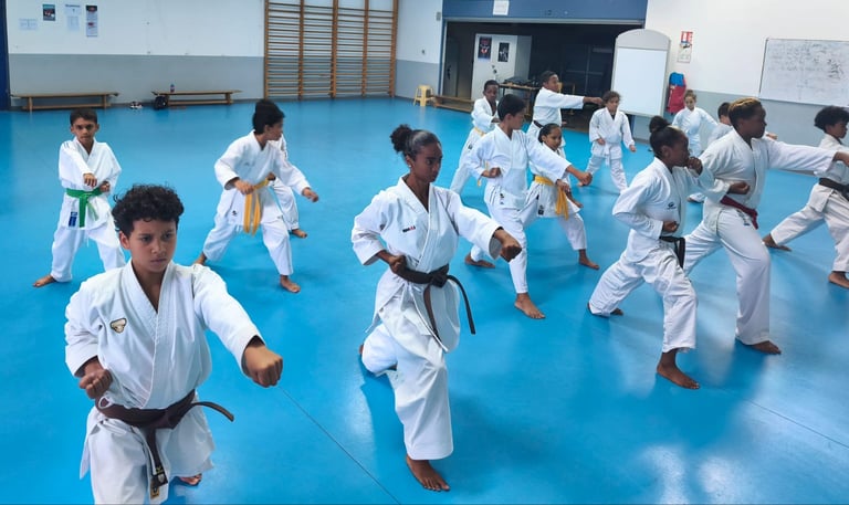 a group of young people in karate gear practicing karate moves