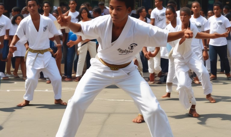 Children in colorful clothes practicing capoeira moves in a sunny community park.