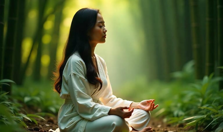 A woman sitting in meditative state of flow and connection in her life