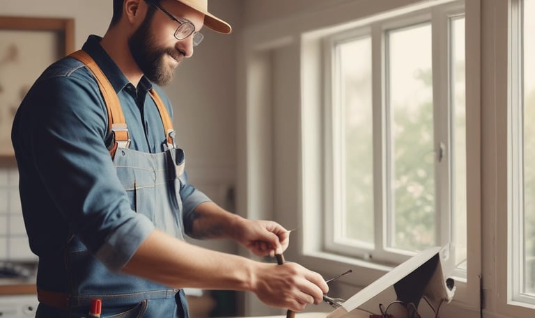 A black and white image captures a person wearing gloves using a power drill. The focus is on the hands and the drill, suggesting a construction or woodworking activity. The person is wearing a shirt with a logo on it.