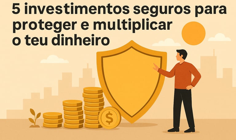 Homem apontando para um escudo dourado ao lado de pilhas de moedas, representando investimentos segu