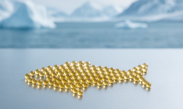 Capsule Omega 3 dorate a forma di pesce su superficie fredda, simbolo di purezza artica