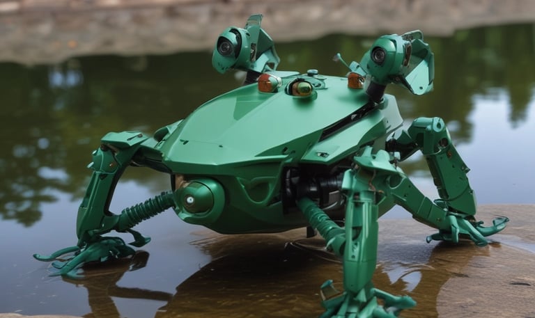 Close-up of the amphibious drone with 4K camera and sensors navigating underwater vegetation.
