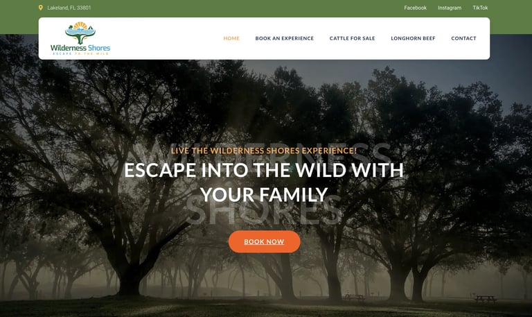 wilderness shores website banner with the tagline 'escape into the wild with your family'