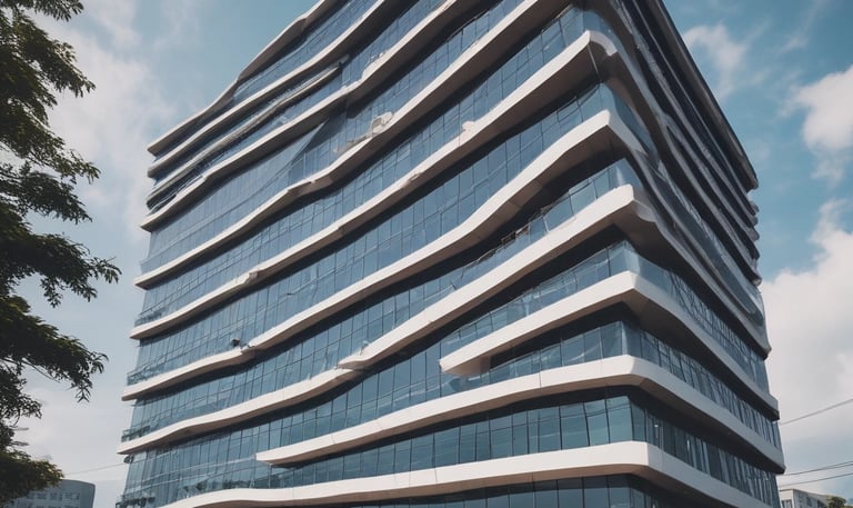 The image features the facade of a modern office building with a clean, geometric design. It is constructed with a combination of red brick and large glass panels, and there is a prominently displayed sign for Tata Consultancy Services in blue. Trees partially frame the view, and a lamppost is visible at the foreground.