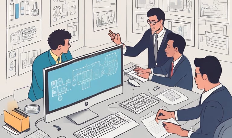 A computer lab with several rows of black desktop computers placed on tables, each connected with various cables. The room has a blue carpet and the walls have bulletin boards with posters. The arrangement suggests a classroom or training environment.