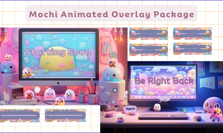 Mochi animated overlay package in pinks and blues with monitors and labels