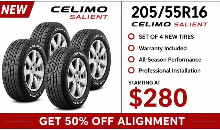 205/55R16 Celimo Salient new tire set available at Fast Tire Shop in Los Angeles. Set of 4 all-seaso