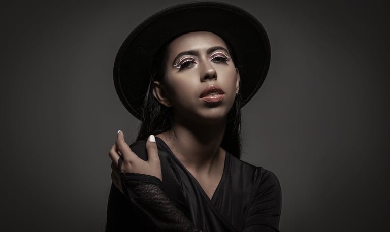 a woman with a hat and a black hat