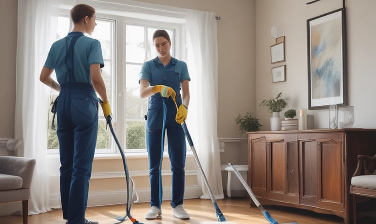 A storefront for a dry cleaning business with large glass windows displaying various signs and clothing racks with garments hung inside. The signage includes 'Nashville's Shirts Laundered' and services like spotting, drapery, silk and wool care. The central window features a colorful poster of a man and woman labeled 'Dry Cleaners.' An American flag is visible in the reflection on the glass.