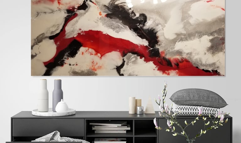 SOLD: "Red Chakra" - 3 x 7 Painting. This impactful artwork, measuring 3 feet by 7 feet, was sold at