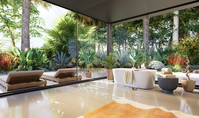 3D render of a round bath tub with tropical garden view