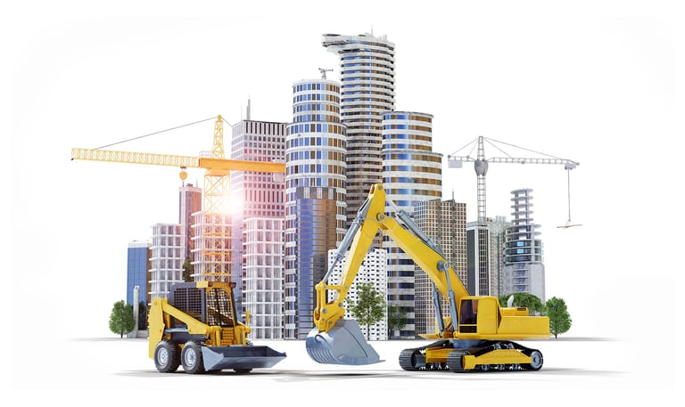 3D render of contruction vehicles with modern city in background