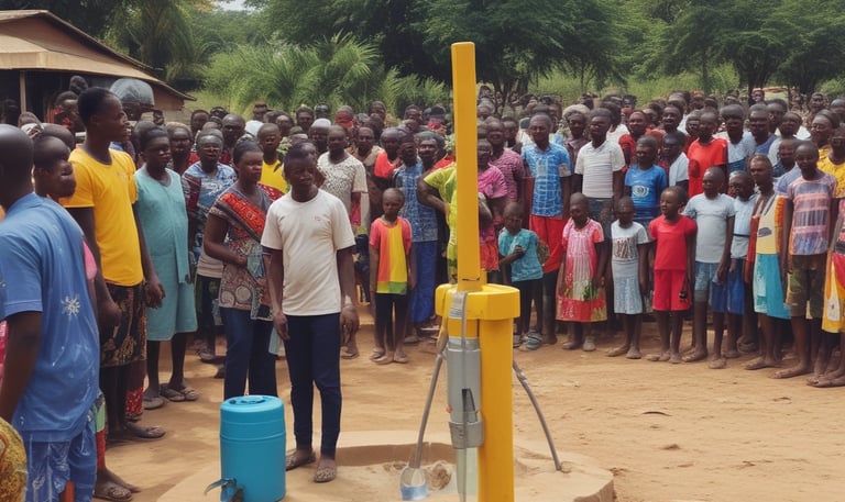 A serene landscape features a lush green field in the foreground, bordered by trees. In the background, the sun sets with a soft glow against a cloudy sky. Rolling hills and wind turbines are faintly visible in the distance, hinting at sustainable energy use.