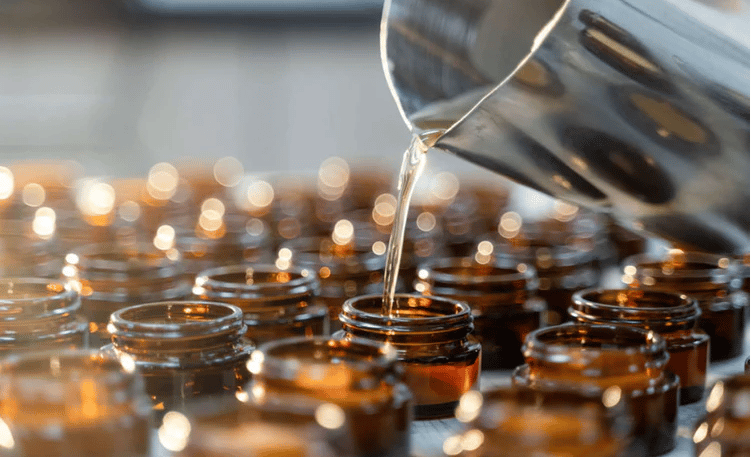 Small-batch skincare studio workspace with amber jars and glass beakers