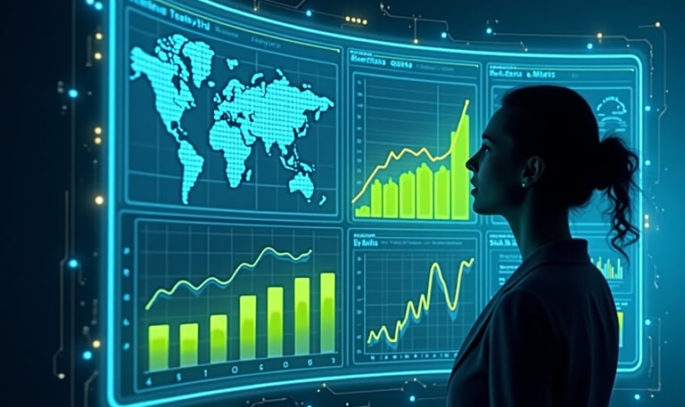 "Businesswoman analyzing futuristic smart analytics dashboard with global data maps, real-time perfo