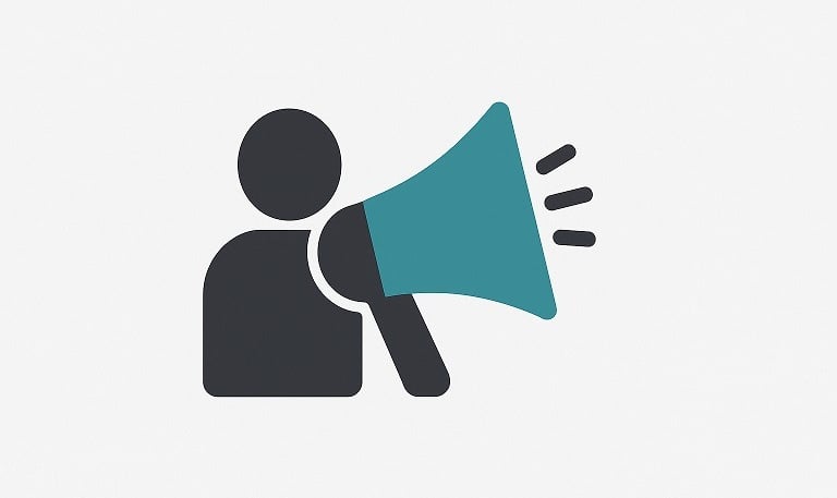 a person holding a megaphone with a blue and green megaphone