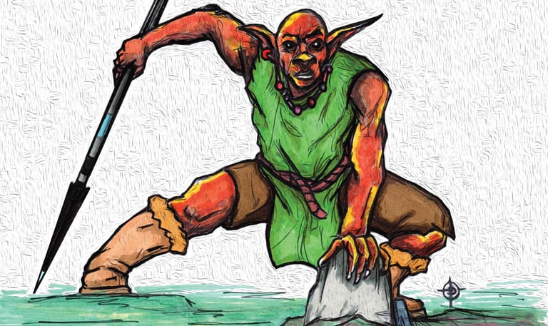 Hand-drawn image of a fantasy goblin warrior in a green tunic wielding a sharp spear.