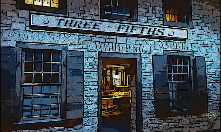 Digital oil painting of a stone building facade with a sign reading Three-Fifths above an open doorway.