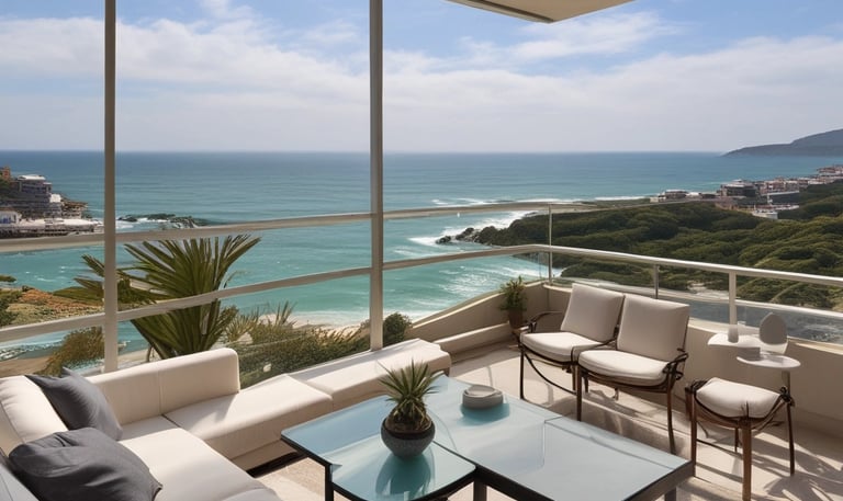 A modern coastal villa with large windows overlooking the ocean.