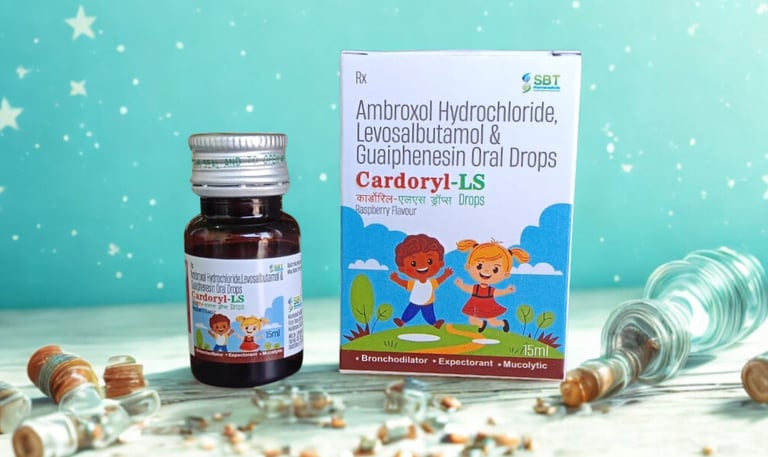 Cardoryl-LS drops bottle and packaging with Ambroxol, Levosalbutamol and Guaiphenesin