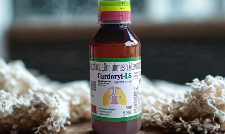 Cardoryl-LS cough syrup bottle with bronchodilator, expectorant and mucolytic for respiratory relief