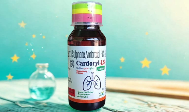 Cardoryl-LS Junior cough syrup bottle with strawberry flavor for pediatric respiratory care