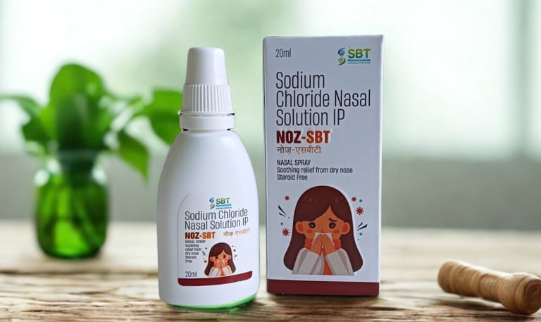 NOZ-SBT sodium chloride nasal spray bottle and packaging for dry nose relief and nasal hydration ste