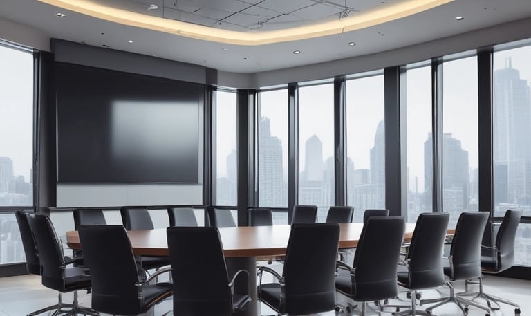 Empty prestigios corporate board room in office building with large flat screen monitor/tv.