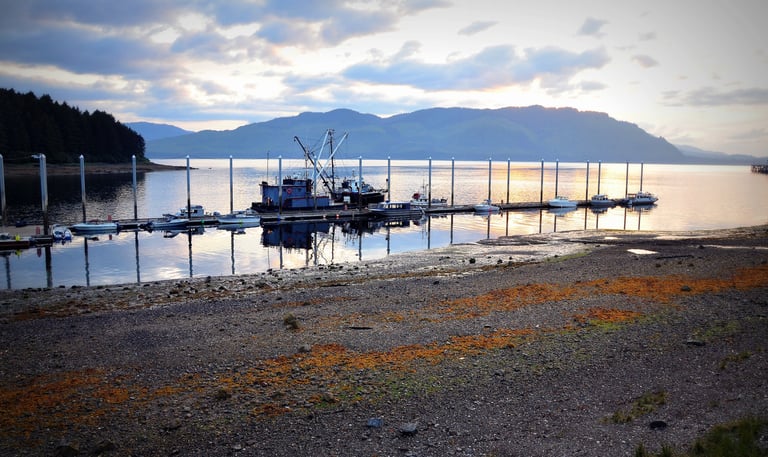 The Sun is setting on Icy Strait Point, Alaska