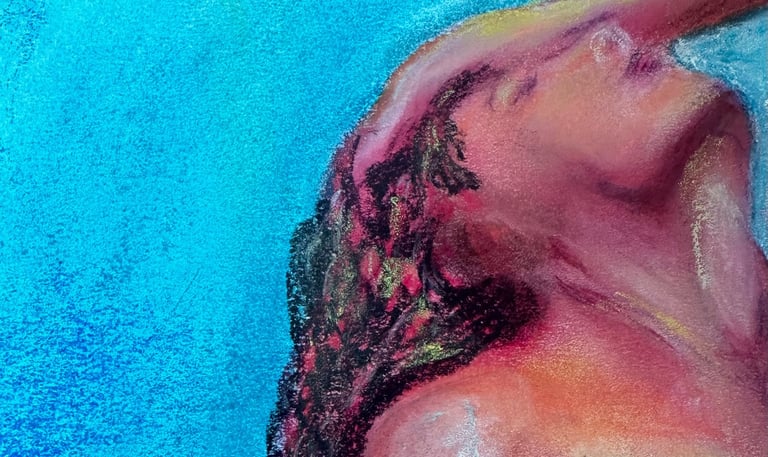 a colorful drawing of a woman with her head thrown back enjoying the sun