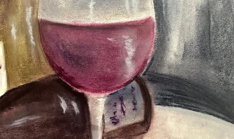 a painting of a wine glass with grapes and a bottle of wine