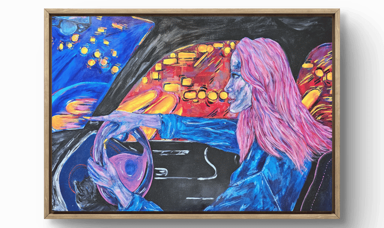 a painting of a woman driving a car, abstract painting , acrylic illustration