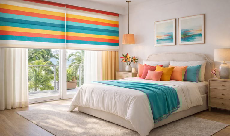 Bedroom interior design in Miami featuring modern window treatments