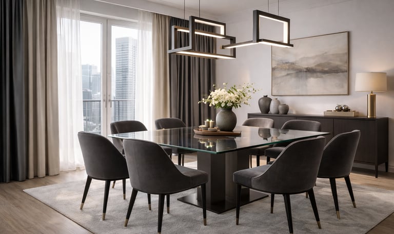 Modern living room interior design in Miami with custom curtains