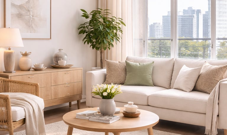 Modern interior styling in a Miami home featuring neutral decor, refined textures, soft lighting and elegant finishing touche