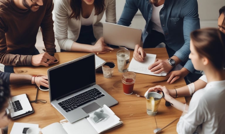 Team collaborating around a sleek laptop surrounded by design sketches and coding notes.
