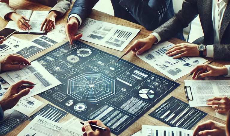 People meeting over blueprints.