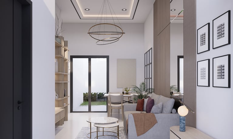 Interior ruang tamu rumah Andara Maharupa Village elegan dan nyaman