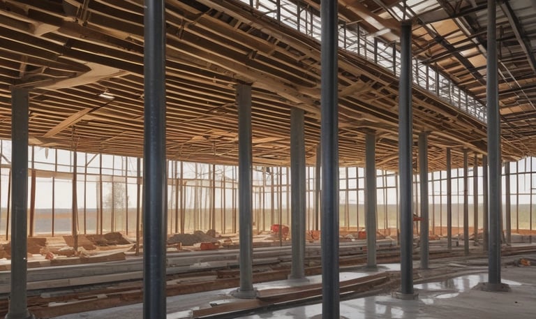 A large, modern building with blue-tinted glass windows and light-colored walls, surrounded by a landscaped area with trees and bushes. There is construction equipment, including a crane, in the foreground, indicating ongoing work.