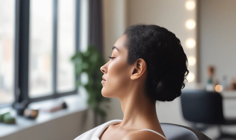 A barbershop or salon setting with black leather chairs and mirrors. The interior features a modern design with sleek lines and minimalist décor, including glass shelves and dark wooden cabinets. The room appears tidy and well-organized, creating a professional and upscale atmosphere.