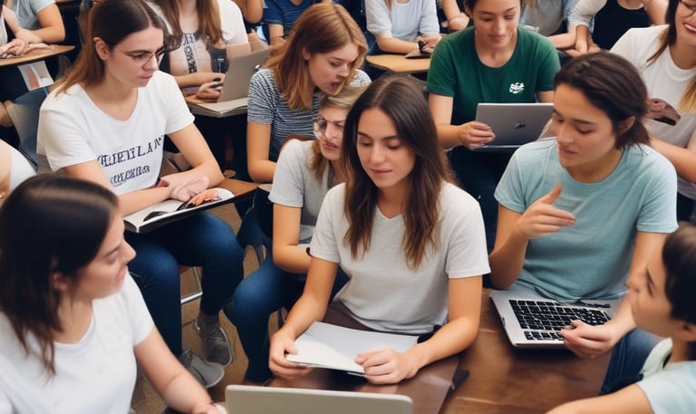People are working on laptops at a modern office setup. The environment appears collaborative and tech-focused, with laptops, notebooks, and a bright, colorful interior featuring orange and green tones.
