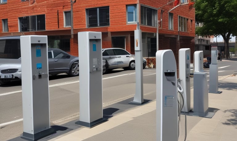 A minimalist electric vehicle charging station is situated in a barren, sandy landscape with a bright blue sky overhead. The charging station is marked by various warning signs, including 'High Voltage' and 'Danger Keep Out.' Nearby, a small sign indicates it's an electric vehicle charging point.