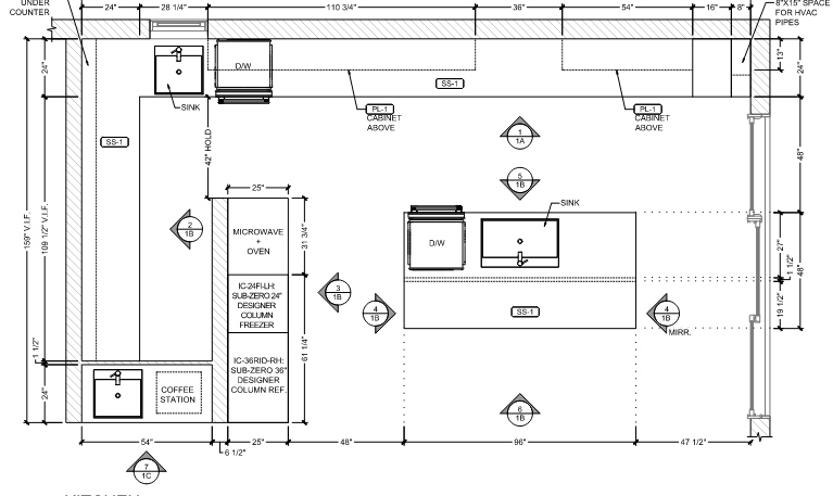 Kitchen floor plan with cabinetry, appliances –millwork shop drawing by SketchyCAD