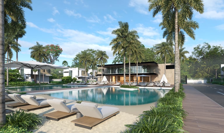 Piscina estilo playa, con textura de arena y un área de estar que tiene el gym con mirada al piscina