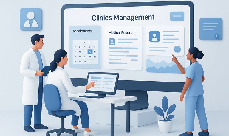 רופאים וצוות רפואי עובדים מול מסך דיגיטלי – מייצג מערכת לניהול מרפאות במכבי