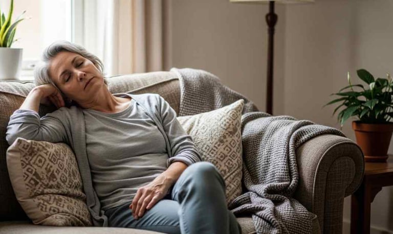 Pessoa madura sentada no sofá durante o dia, postura relaxada porém cansada, ambiente doméstico simples, luz natural suave.